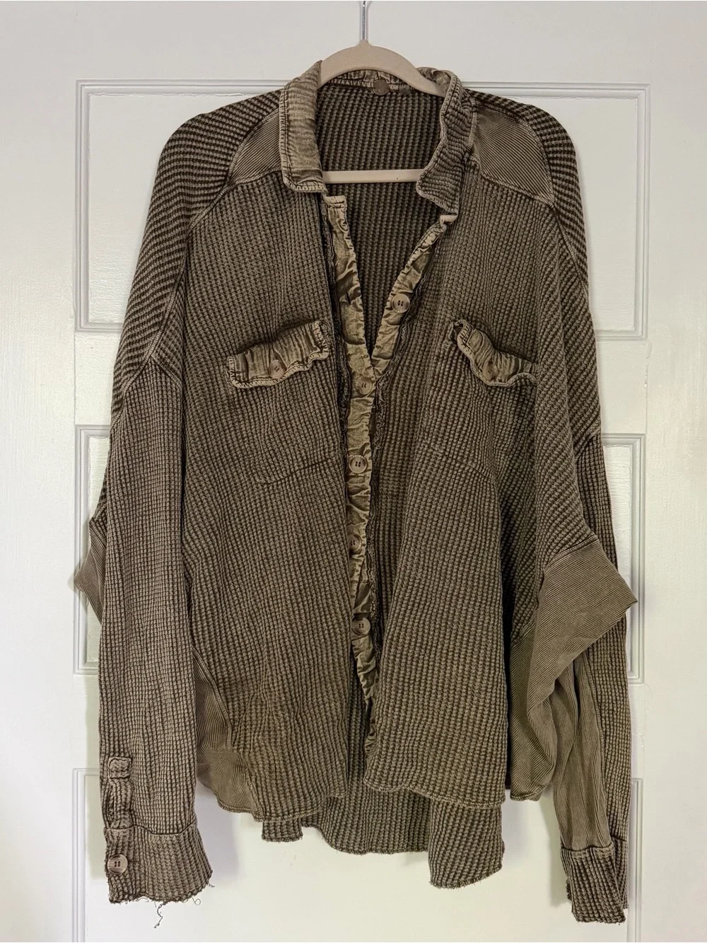 Free People Scout Jacket XL Olive Green Waffle Knit Oversized Utility Shacket